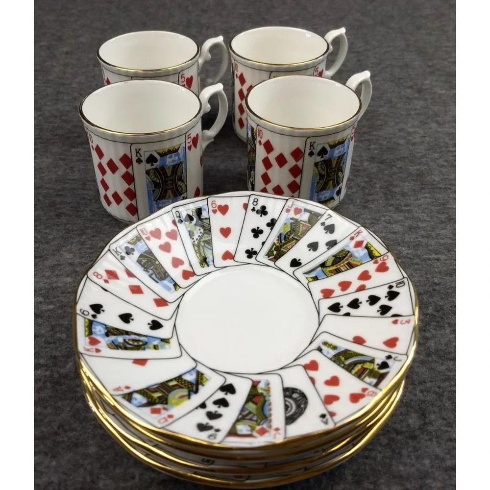 Elizabethan Playing Cards‎ Demitasse Cup & Saucer Set/4 Cut for Coffee England